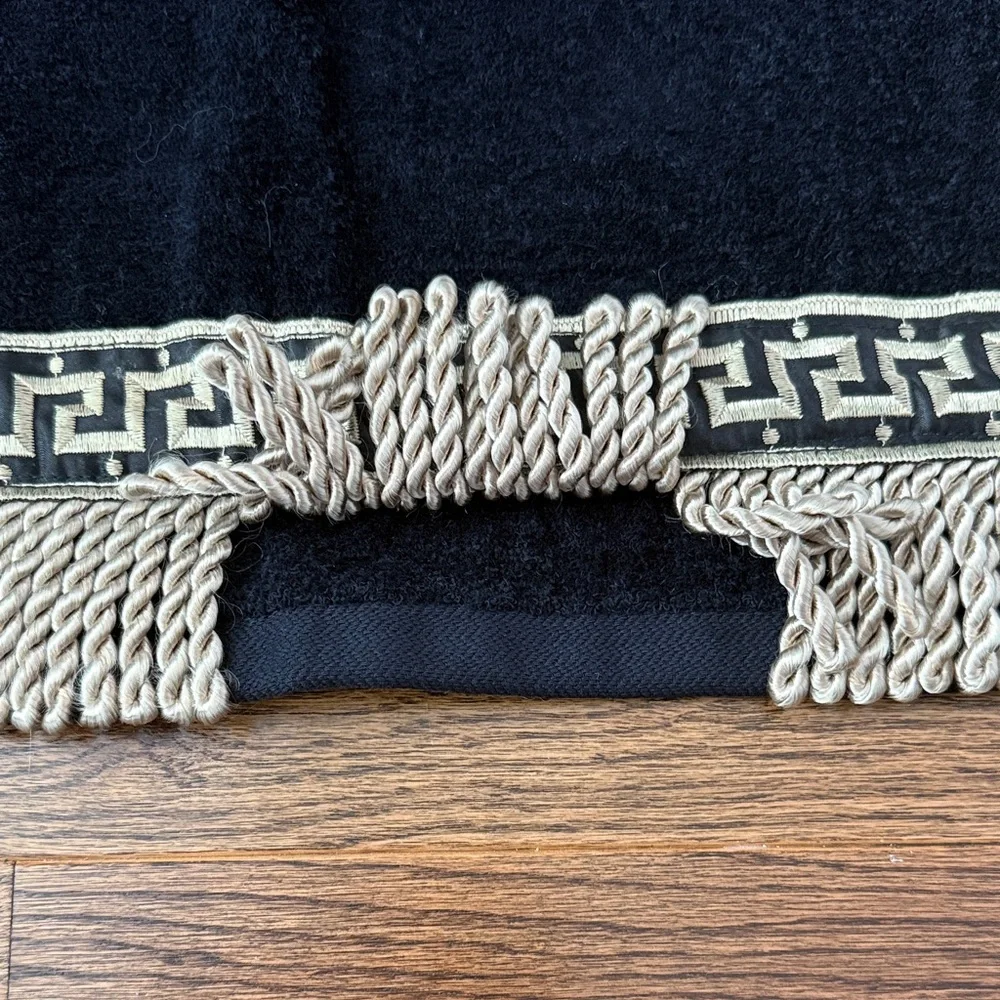 Bath Black Towel with Greek Key Fringe like New